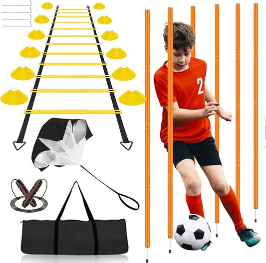 Speed & Agility Training Equipment-20ft Agility Ladder, 6 Poles, 12 Soccer Cones, Resistance Parachute, Jump Rope, Soccer Football Basketball Sport Training Set for Kids Youth Adults