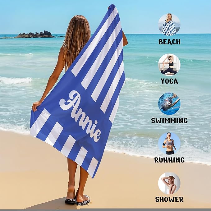 JML Personalized Beach Towel with Name, Custom Cabana Stripe Beach Towel, Customized Microfiber Pool Towel, Quick Dry & Absorbent Swim Towel for Adult,Mother's Day, Birthday, Summer Holiday,Vacation-StrideForce Fitness