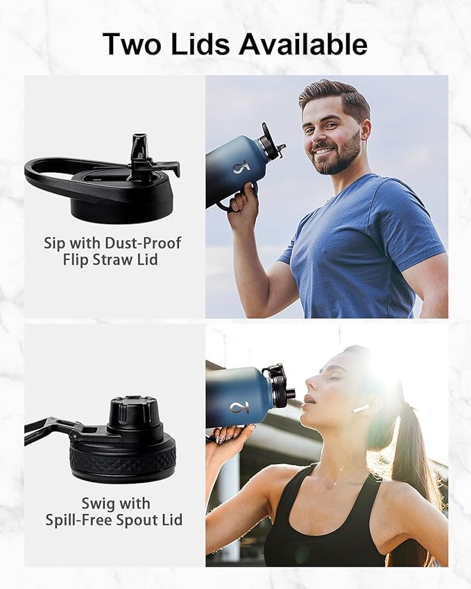 Trebo 64 oz Water Bottle Insulated with Handle, Half Gallon Stainless Steel Metal Large Jug, Travel Flask with Straw Spout Lid, Mug Tumbler Cup with Carry Pouch, Keep Cold Hot, Indigo Black-StrideForce Fitness