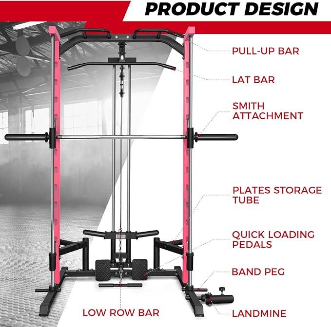 RitFit Smith Machine Power Rack with LAT-Pull Down System, Landmine, Barbell Bar, Plate Storage Pegs and More Training Attachment-StrideForce Fitness