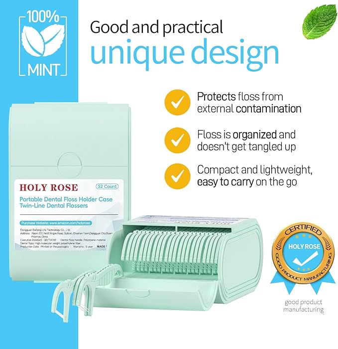 Holy Rose Dental Floss Case with Twin Line Flosser 104 Count-Green, Travel Dispenser for Floss Picks and Toothpick, Mint Flavored, Portable Flossers is Oral Care Tool for Teeth