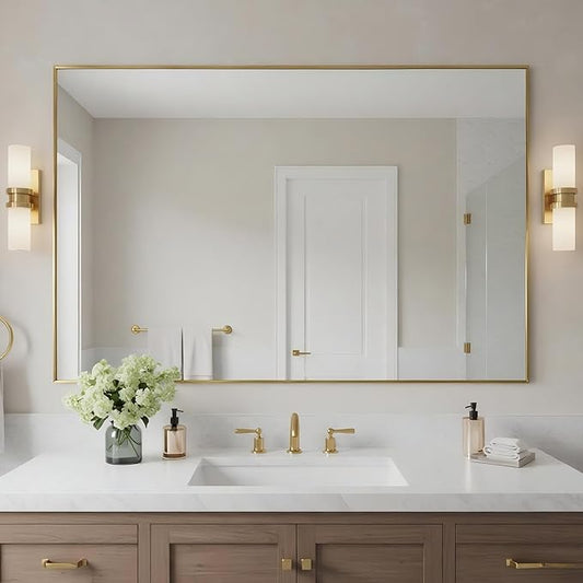27x40 Inch Brass Bathroom Mirror for Wall, Aluminum Frame Rectangle Rectangular Vanity Mirror, Modern Large for Bedroom, Living Room, Horizontal or Vertical-StrideForce Fitness