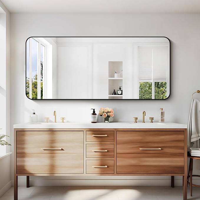 24" x 55"Bathroom Mirror, Matte Black Wall Mirror with Metal Frame, Decorative Rectangular Vanity Mirror for Bedroom Bathroom Living Room Entryway (Horizontal/Vertical)-StrideForce Fitness