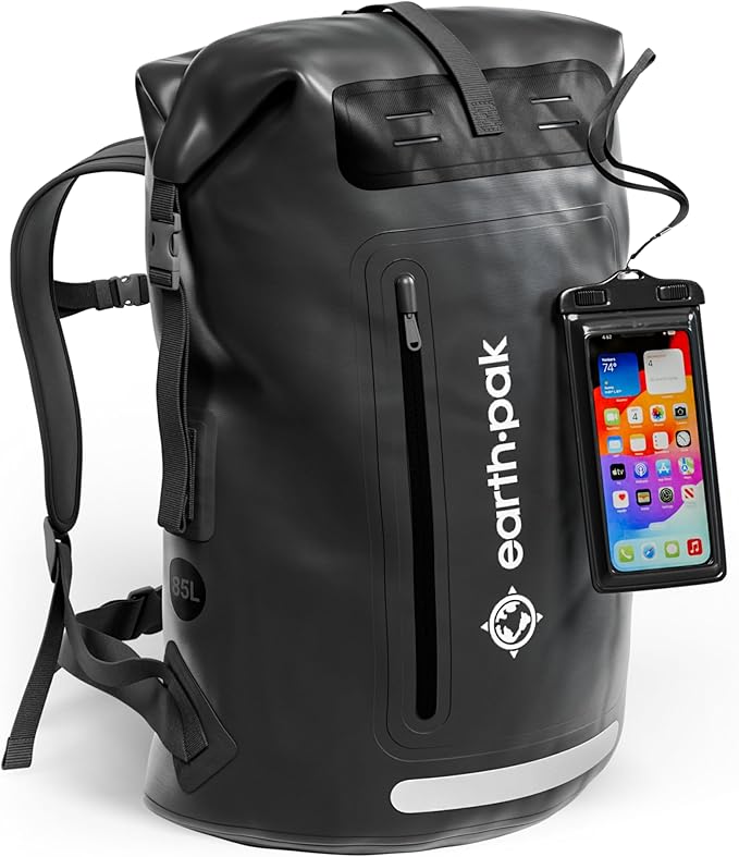 Earth Pak Waterproof Backpack - Heavy Duty Hiking Backpack - Roll-Top Closure Bag - Cushioned Dry Bag Waterproof Phone Case-StrideForce Fitness