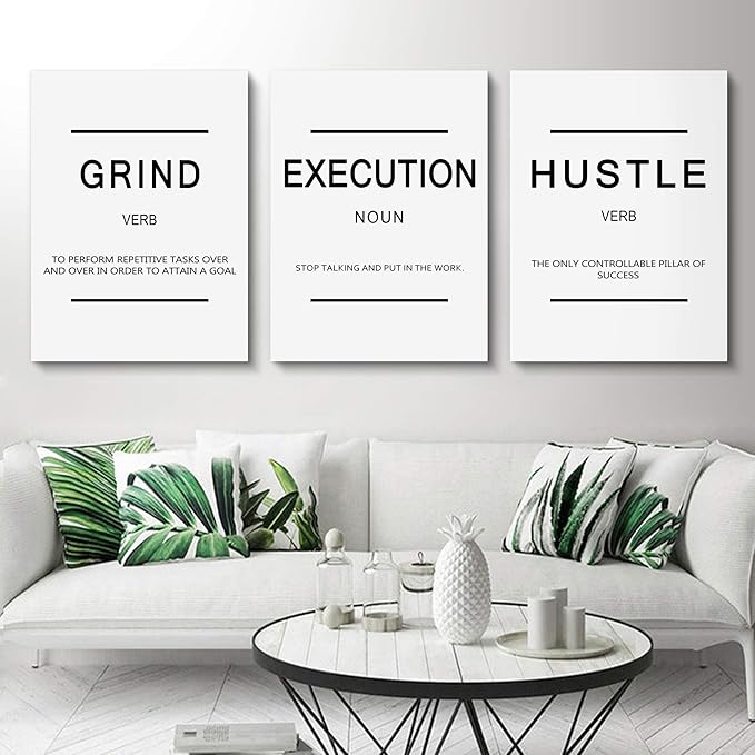Framed Canvas Wall Art Success Quote, Office Wall Art, White Large Poster, Positive Motivational Set of 3 Prints, Grind Execution Hustle Poster, Inspirational Print-StrideForce Fitness