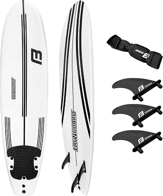 FLOWBOARD Surfboard Softboard Foam - Include (3) Fins 6’ Foot Leash and (2) Wood Stringers Inside Board Availalable in 6' and 7' Short Board and 8' Longboard-StrideForce Fitness