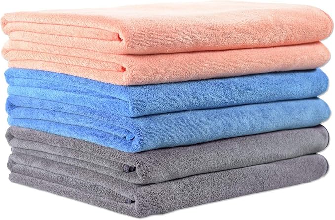 JML Microfiber Towels, Bath Towel Set (6 Pack, 27" x 55") - Extra Large, Soft, Absorbent, Fast Drying Bathroom Towel for Shower, Swimming, Fitness, Sport, Yoga, Peach/Grey/Blue-StrideForce Fitness