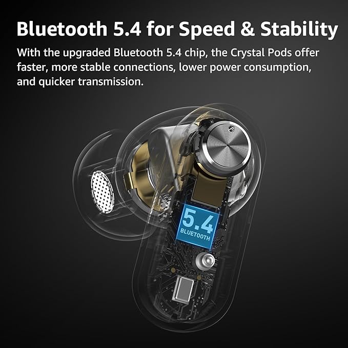 TOZO Crystal Pods Hybrid Active Noise Cancelling Wireless Earbuds, 10mm Drivers Deep Bass Stereo Sound, 4 Mics Smart ENC AI Calls, 32 EQ via App, Bluetooth 5.4 Headphones, Crystal Case Design-StrideForce Fitness