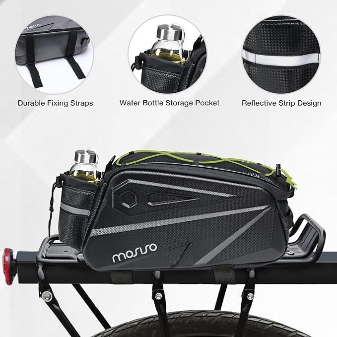 MOSISO Bike Rack Bag, Waterproof Bike Rear Rack Handbag Bicycle Trunk Bag, 14L EVA Mountain Bicycle Rear Seat Storage Saddle Pouch Cycling Luggage Pouch with Shoulder Strap, Lime Green-StrideForce Fitness