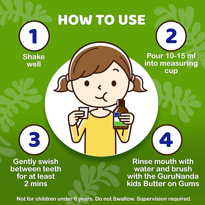 GuruNanda Kids Oil Pulling, Alcohol-Free Mouthwash, Essential Oils & Vitamins for Fresh Breath & Happy Gums for Ages 6 & up, Natural Bubble Berry, 8 Oz