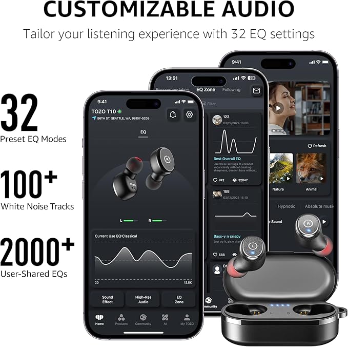 TOZO T10 Wireless Earbuds Bluetooth 5.3 Headphones, App Customize EQ, Ergonomic Design, 55H Playtime, Wireless Charging Case, IPX8 Waterproof Sound in-Ear Headset, 2025 New Version-StrideForce Fitness
