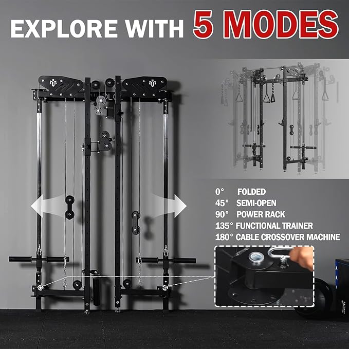 Mikolo Folding Squat Rack, Wall Mounted Power Rack with Cable Crossover Machine & LAT Pull Down, Functional Trainer with 5 Adjustable Function Modes, for Home Gym and Space Saving-StrideForce Fitness