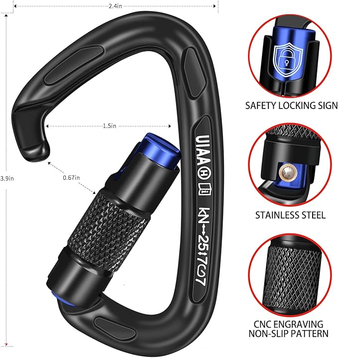 BEIFENG 25KN Auto Locking Carabiner - UIAA Certified Heavy Duty Climbing Carabiners for Rock Climbing, Camping, Rappelling, Hunting, Rescue Equipment - Professional Carabiner Clips (Black)-StrideForce Fitness