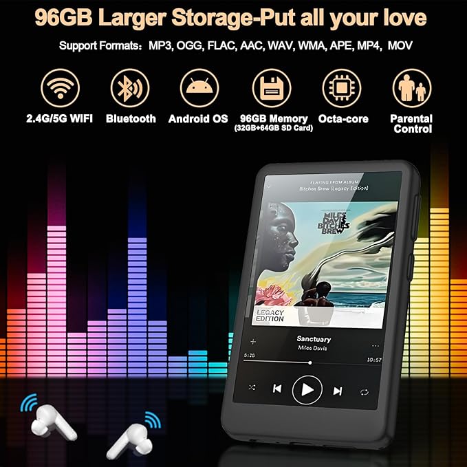 96GB MP3 Player with Bluetooth and WiFi, 4.1" Touch Screen, Silicone Protective case, Octa-core, MP4 MP3 Player for Spotify, Pandora, 96GB Storage Up to 1Tb, Android Music Player for Parental Control-StrideForce Fitness
