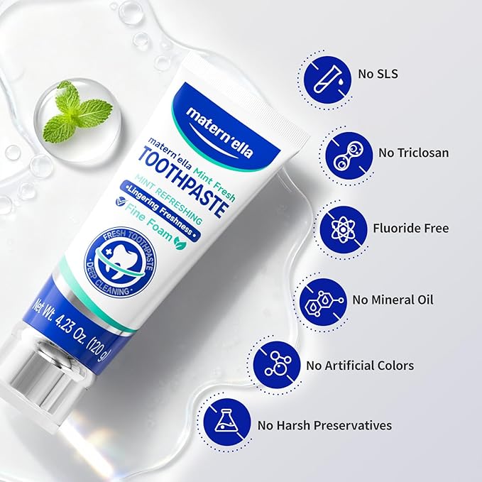 matern'ella Toothpaste for Sensitive Gums, Fluoride & SLS Free, Removing Stains Hydrated Silica, with Probiotics & Xylitol Mint Fresh 4.23 oz