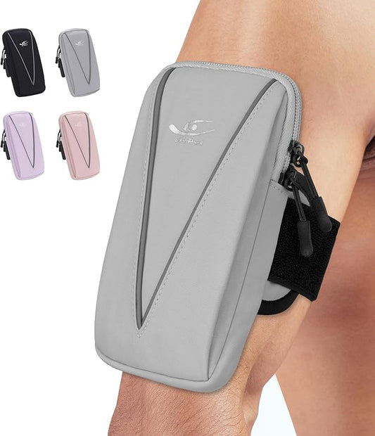 HiRui Cell Phone Holder Arm Bag & Wrist Bag for Phone, Sports Running Armband for Gym & Cycling, Compatible with iPhone 16/16Pro/Plus/15/14 Samsung Galaxy All Phones, Reflective & Adjustable (Gray)-StrideForce Fitness
