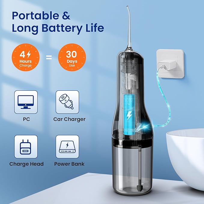 Water Flosser for Teeth Cleaning: Deep Cleaning for Braces & Sensitive Gums - 260ML Portable Cordless Oral Irrigator with DIY Strength, 4 Modes, 30-Day Battery, IPX7 Waterproof for Home Travel Black