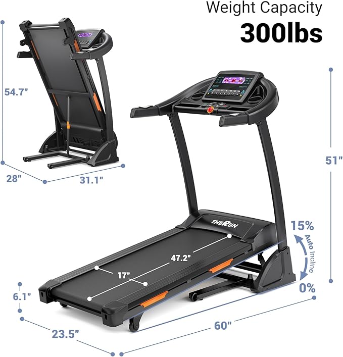 THERUN Incline Treadmill for Running and Walking, 300 lbs Weight Capacity Folding Treadmill with 0-15% Auto Incline, Wide Belt, 3.5HP, App, Heart Rate-StrideForce Fitness
