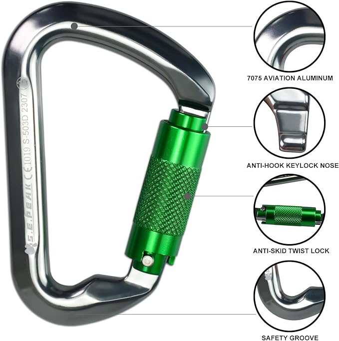 SEPEAK UIAA 30kN Climbing Carabiner Clips, Professional Heavy Duty Twist Locking Carabiners for Climbing,Mountaineering, Rappelling, Camping, Hiking, Swings, Large D Ring Hooks-StrideForce Fitness
