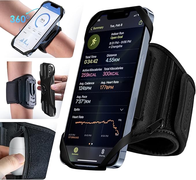 Cikyner Running Armband Phone Holder - 360 Rotatable & Detachable Sports Armband With Earphone/Cash Pocket for 4.5-7'' iPhone - for Gym, Hiking-StrideForce Fitness