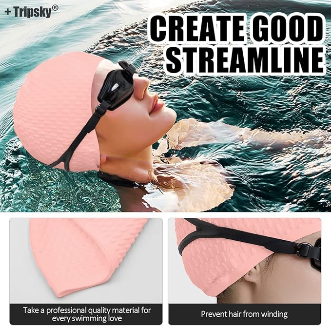 Tripsky Silicone Swim Cap,Comfortable Bathing Cap Ideal for Curly Short Medium Long Hair, Swimming Cap for Women and Men, Shower Caps Keep Hairstyle Unchanged…-StrideForce Fitness