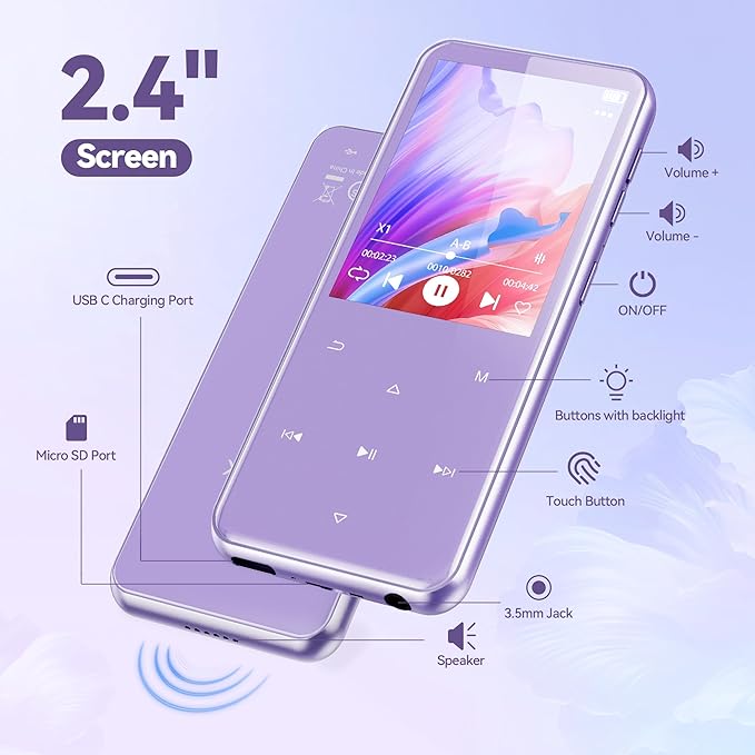 AGPTEK 64GB MP3 Player with Bluetooth, M3 2.4 inch Music Player with Speaker and FM Radio, Touch Buttons, Supports Up to 128GB(Purple)-StrideForce Fitness