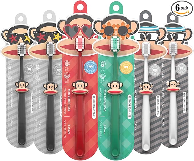 Paul Frank Soft Toothbrush for Adults - High Density Manual Toothbrushes with Dual-Color Tapered Bristles, Gentle Daily Care for Sensitive Teeth and Gums (1 Count (Pack of 6))