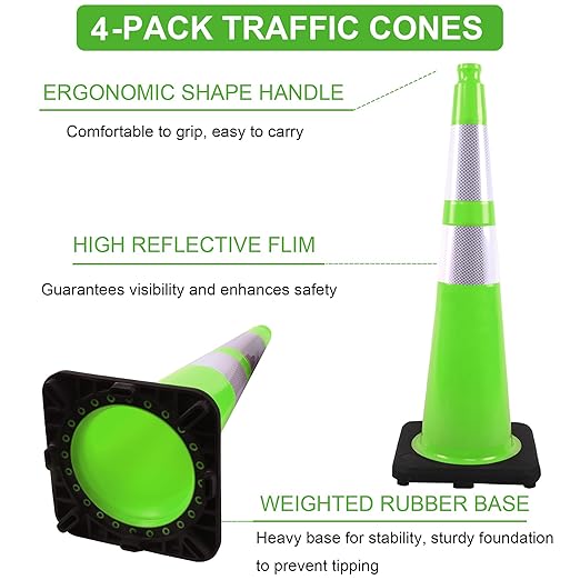 OrangeStar 36" Large Traffic Cones 4-Pack, Green Safety Cones with 2 Reflective Collars, Weighted Base for Highway, Roadwork, Construction, Warehouse Safety, Parking Lots, Indoor & Outdoor Use-StrideForce Fitness