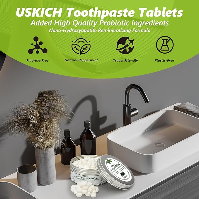200 Pcs Toothpaste Tablets,Nano Hydroxyapatite with Probiotics, Reduce Sensitivity,Fluoride & Plastic Free, Eco Friendly & Travel Mouthwash Tablets