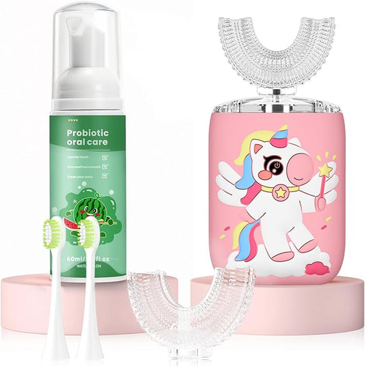 Kids Electric U Shaped Toothbrush Unicorn Rechargeable Sonic Toothbrush with 4 Soft Brush Heads with Kid Toothpaste IPX7 Waterproof - (Age 2-15, Pink)