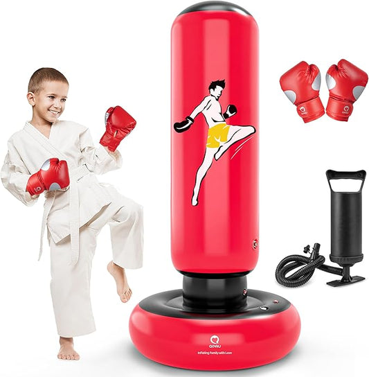 QPAU Kids Punching Bag Toy with Boxing Gloves, 66 Inch Larger Stable Kids Inflatable Boxing Bag Set, Gifts for Boys & Girls Age 6-12, for Practicing Karate, Taekwondo, MMA-StrideForce Fitness