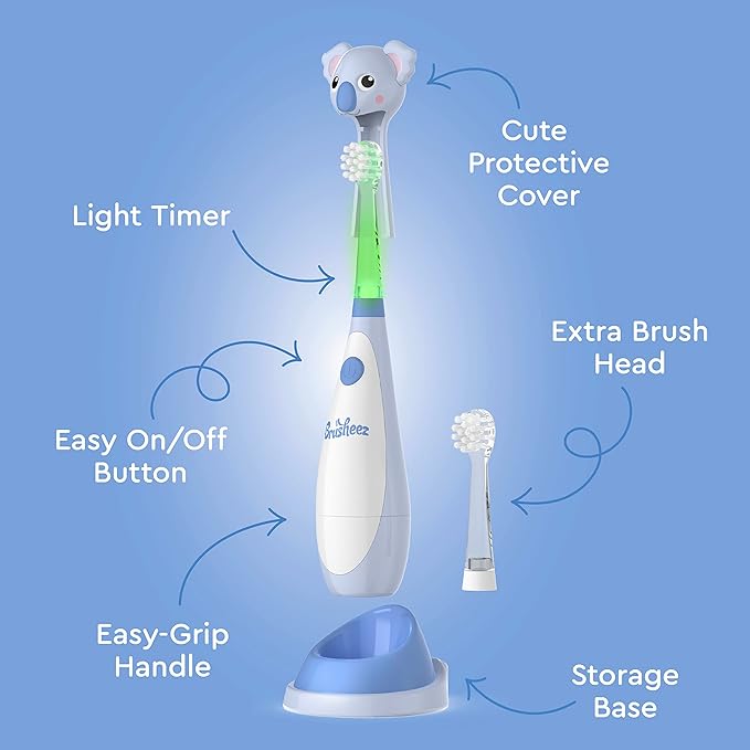 Brusheez Little Toddlers’ Sonic Toothbrush - Safe & Gentle Toothbrush for Ages 1-3 with Built-in, Light-Up 2-Minute Timer, Extra Brush Head, & Storage Base for First-Time Brushers (Kiwi The Koala)