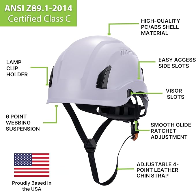 Land Helmets EcoPro Safety Helmet - ANSI/ISEA Z89.1-201 Type 1 Class C Vented - OSHA Approved - Lightweight Helmet with 6 Pt Suspension for Arborist, Industrial & Fall Protection-StrideForce Fitness