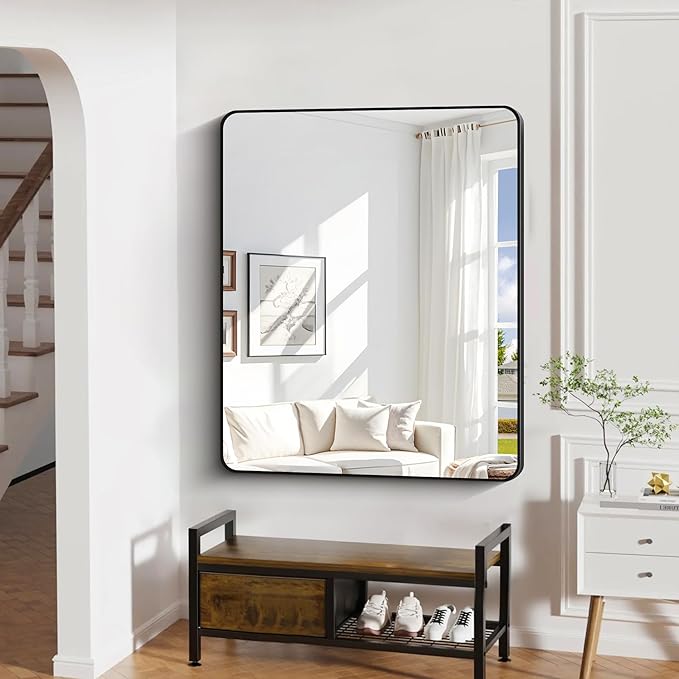 40" x 48"Bathroom Mirror, Matte Black Wall Mirror with Metal Frame, Decorative Rectangular Vanity Mirror for Bedroom Bathroom Living Room Entryway (Horizontal/Vertical)-StrideForce Fitness