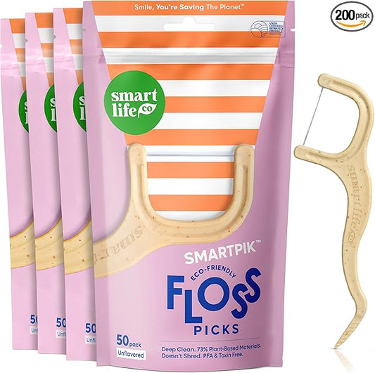 SmartLifeco Eco-Friendly Dental Floss Picks (200ct) - Flossers Made With Straw Wheat Blend, Strong Anti-Shred Thread For Tight Gaps, Tooth Pick Stick For Adults, Soft on Gum & Teeth, Vegan, Unflavored