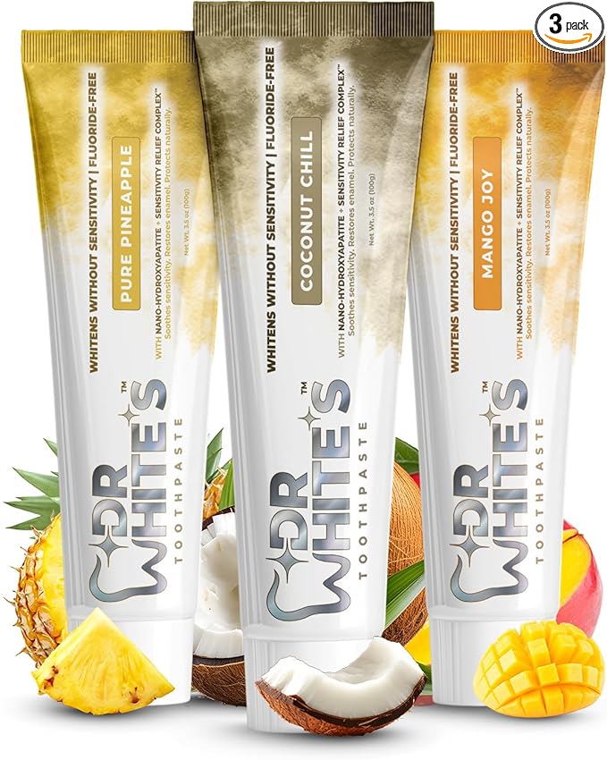 Dr. White’s Fluoride-Free Toothpaste for Adults & Kids – Dentist-Formulated, Swallow-Safe, Mint-Free – Nano Hydroxyapatite, Sensitivity Relief Complex™ (3.5 Ounce (Pack of 3), Island Escape Trio)