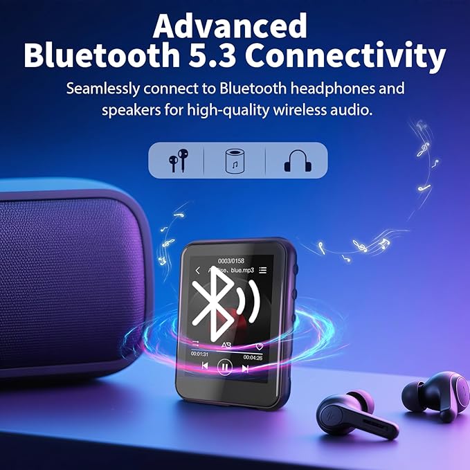 64GB MP3 Player with Bluetooth 5.3, QNGEE 2.4 inch Full Touchscreen Music MP3 for Kids, FM Radio, Voice Recorder, HiFi Sound, E-Book, Earphones Included-StrideForce Fitness