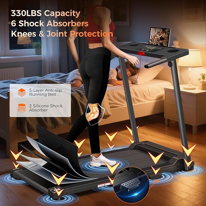 Treadmill with Handles, Portable Small Treadmills for Home and Office, 3.0HP Folding Walking Pad with 300 lbs Capacity, Cup Holder, LED Display and 12 Preset Programs-StrideForce Fitness