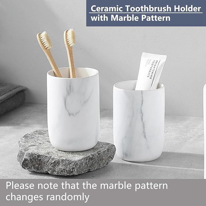 Marble Toothbrush Holders - 2 Ceramic Toothbrush Holders for Bathrooms Toothbrush Toothpaste Holders Set, White Bathroom Tumbler Cups Reusable Toothbrush Mouthwash Cup, Bathroom Counter Organizer.