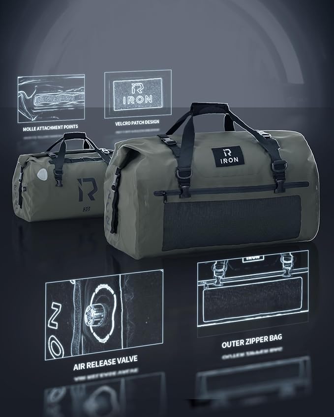 BORLENI Waterproof Motorcycle Dry Duffel Bag Luggage Tail Bag with Large Storage Space,Roll Top Closure, Shoulder Straps, Inner Pocket and Mesh Pocket for Motorcycling Travel Camping (Army Green,30L)-StrideForce Fitness