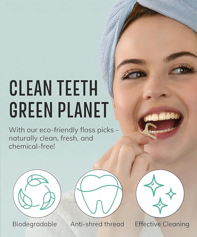 Floss Picks Biodegradable (200pcs) - Plant Based Dental Floss Picks, Natural Flossers for Adults & Kids, Nontoxic Vegan Tooth Pick Flossers & Floss Sticks - Double Thread Charcoal