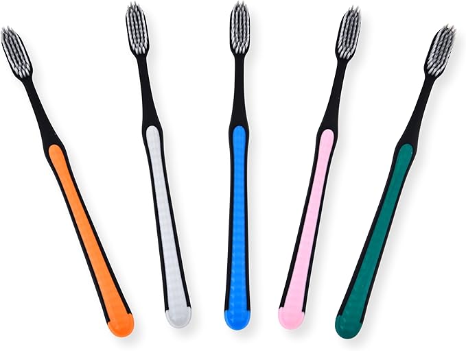 ADA Cavity Defense Activated Charcoal Toothbrush 5 Pack Ultra-Soft Flosspick Bristle for Sensitive Teeth & Gums, Aids in Teeth Whitening, Extra Soft, Slim Grip (5 Count)