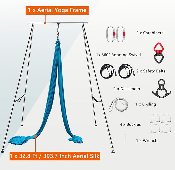 TECSPEC 9.6 FT/115.3 Inch Adjustable Height Aerial Yoga Frame & Hammock, Professional Swing Stand with 18 FT/33FT Aerial Silk, 550lbs Max Capacity-StrideForce Fitness