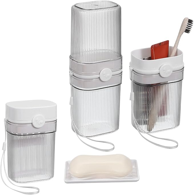 uxcell Travel Toothbrush Case Set, Leakproof Soap Holder with Lid and Portable Travel Toothbrush Holder for Bathroom, Gym, Business Trip, Camping (Light Grey)