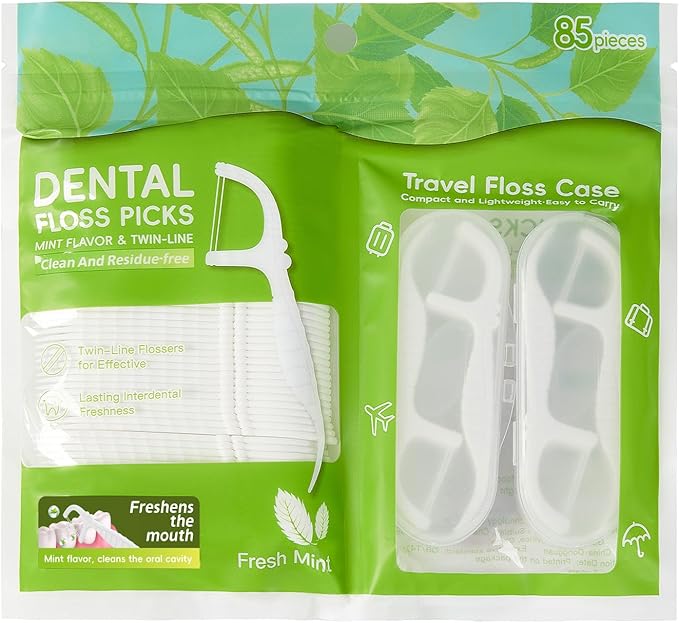 White Mint Dental Floss Picks, 2 Portable Travel Cases (10 Picks) 65 Refills, Double-Line Flossers for Tight Teeth, Fresh Breath, Plaque Removal, On-The-Go Oral Care