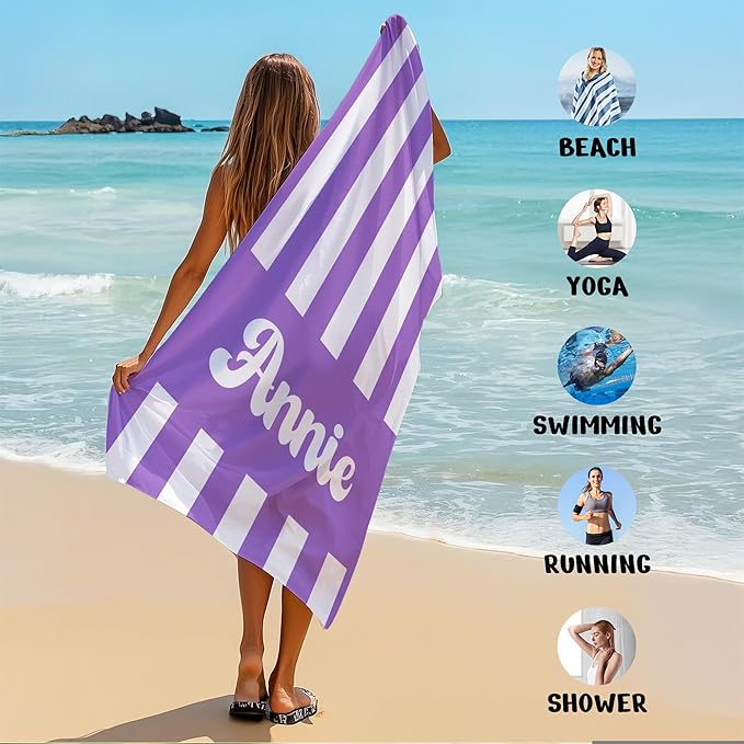 JML Personalized Beach Towel with Name, Custom Cabana Stripe Beach Towel, Customized Microfiber Pool Towel, Quick Dry & Absorbent Swim Towel for Adult,Mother's Day, Birthday, Summer Holiday,Vacation-StrideForce Fitness