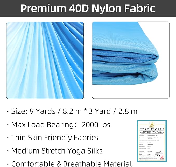 PRIOR FITNESS Aerial Silks Kit Colorful 9/15/20 Yards 40D Nylon Fabric Hammock Set With Hardware & Guide for All Levels Of Aerial Yoga Practice and Acrobatic Flying For Adults Aerial silk-StrideForce Fitness