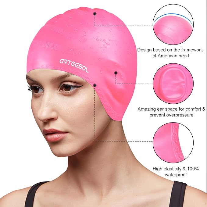 Swimming Cap, Silicone Swim Cap for Women Men, Durable Non-Slip Waterproof Swim Cap Protect Ears, Long Hair for Adults, Older Kids-StrideForce Fitness