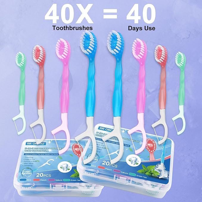 40Pack Mini Disposable Toothbrushes 5-in-1 Portable Pre-Pasted Travel Toothbrush with Toothpaste Tongue Scraper Floss Pick Individually Wrapped Box Small Prepasted Travel Toothbrush for Kids Adults