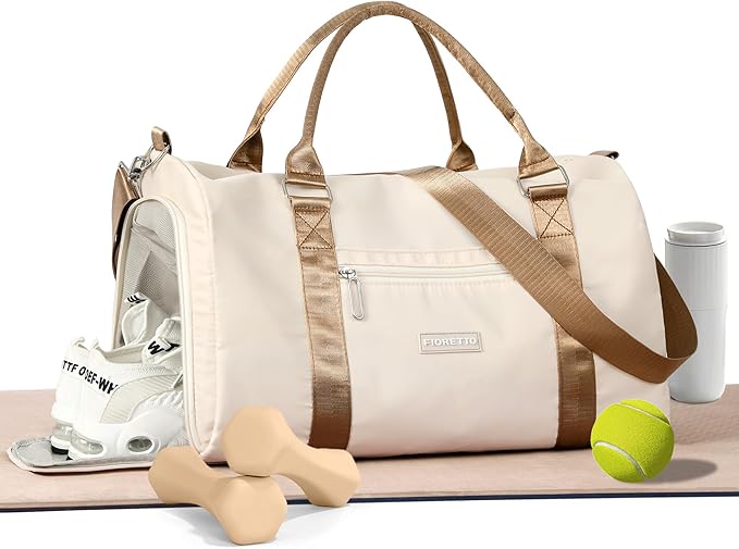 FIORETTO Womens Gym Tote Duffle Bag with Wet Pocket & Shoe Compartment, Sports Duffel Overnight Weekender Hospital Workout Carry on Bag for Girls, Ideal for Travel, Swimming, Dance, Ballet Beige-StrideForce Fitness